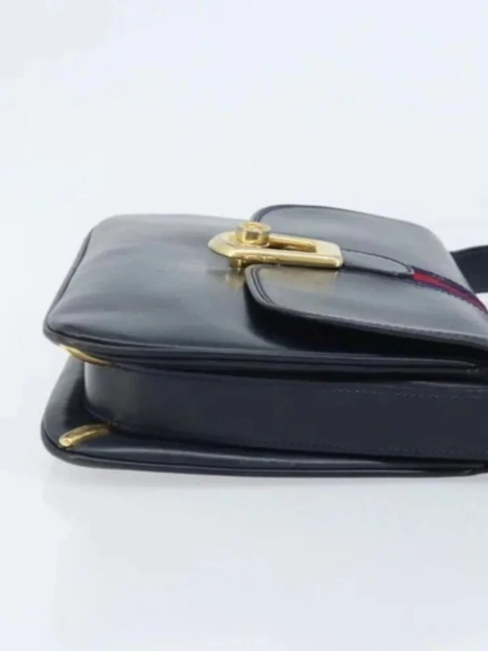 GUCCI Sherry Line Shoulder Bag Leather Navy Gold Auth BAZ198A